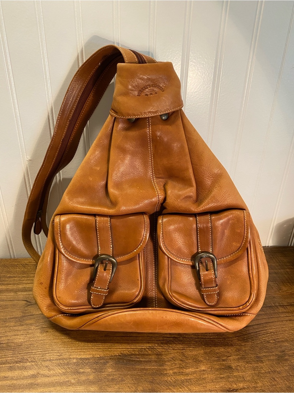 Durkee’s Express - Tan Leather Sling Bag Backpack with Dual Front Pockets